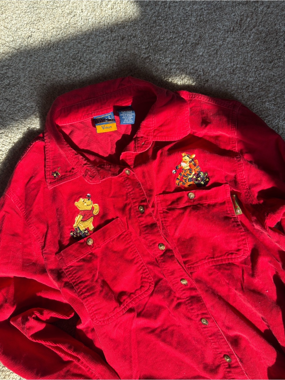 Vintage 90s Winnie the Pooh Red Corduroy Button-Down Shirt with Tigger